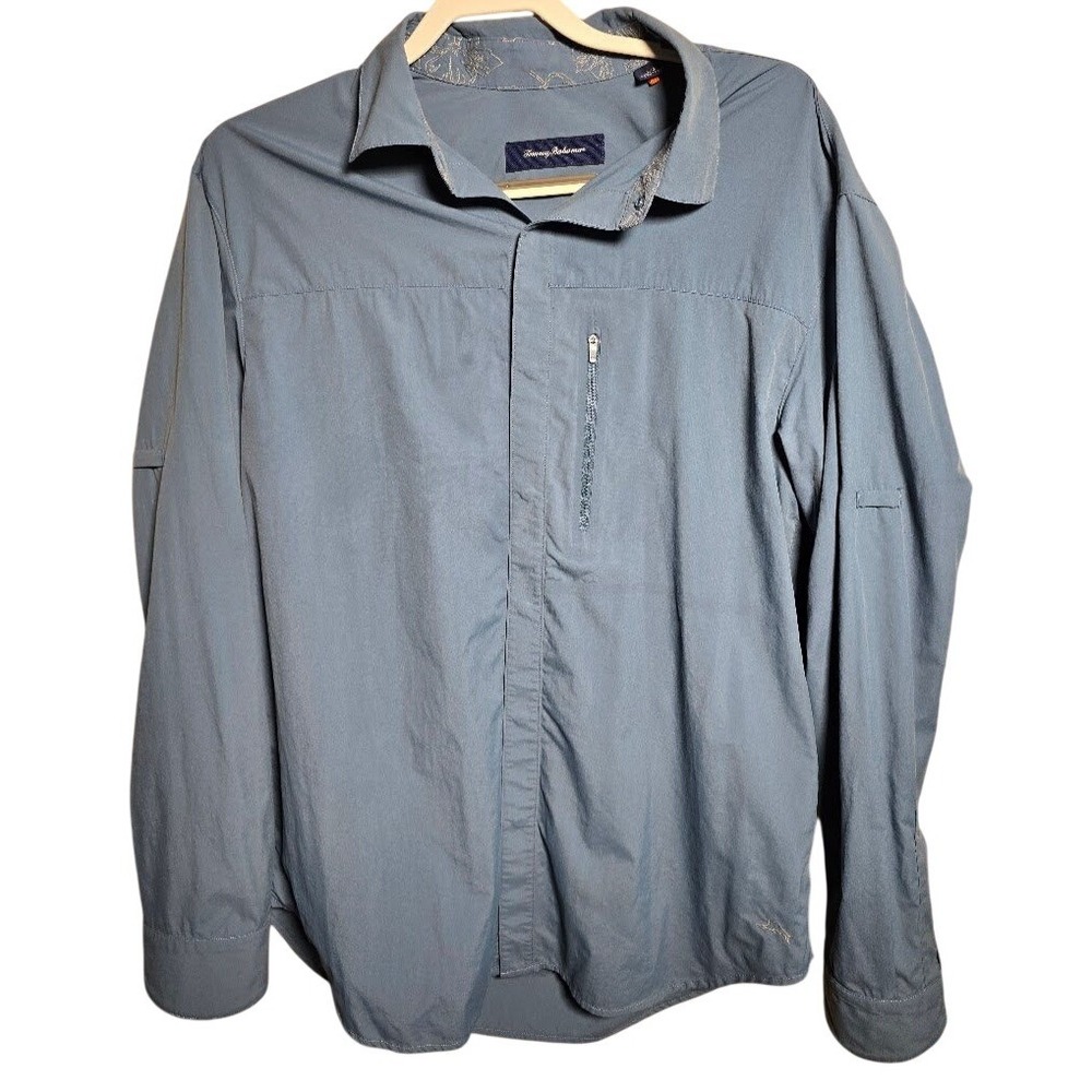 Tommy Bahama Mens Large Blue Nylon Long Sleeve Roll Tab Button Up Shirt 779